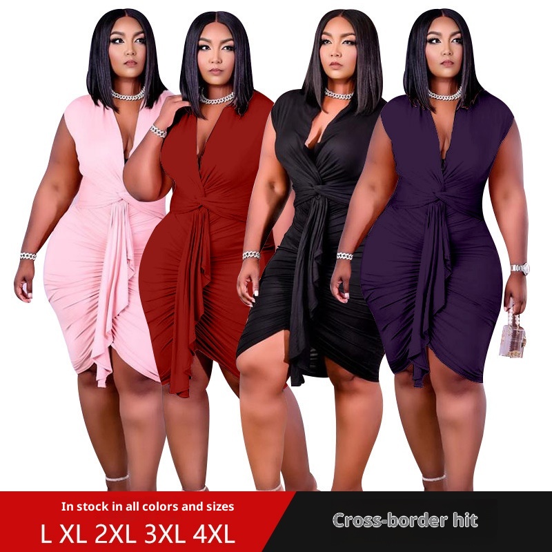 ChicShe Cross-Border Plus Size Women's Clothing Spring Summer Lace-Up 2021 Large Buttocks Sexy Bodycon Dress_voghion.com