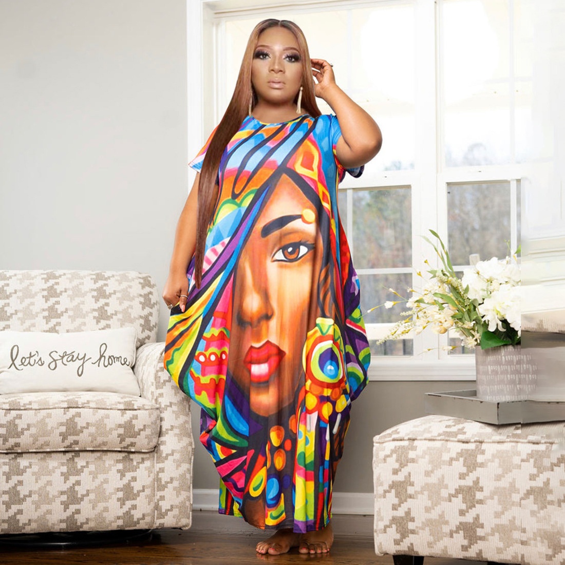 ChicShe N7514 Cross-Border European And American 's Fashion Positioning Printed Pocket Plus Size Loose Oversized Dress For_voghion.com