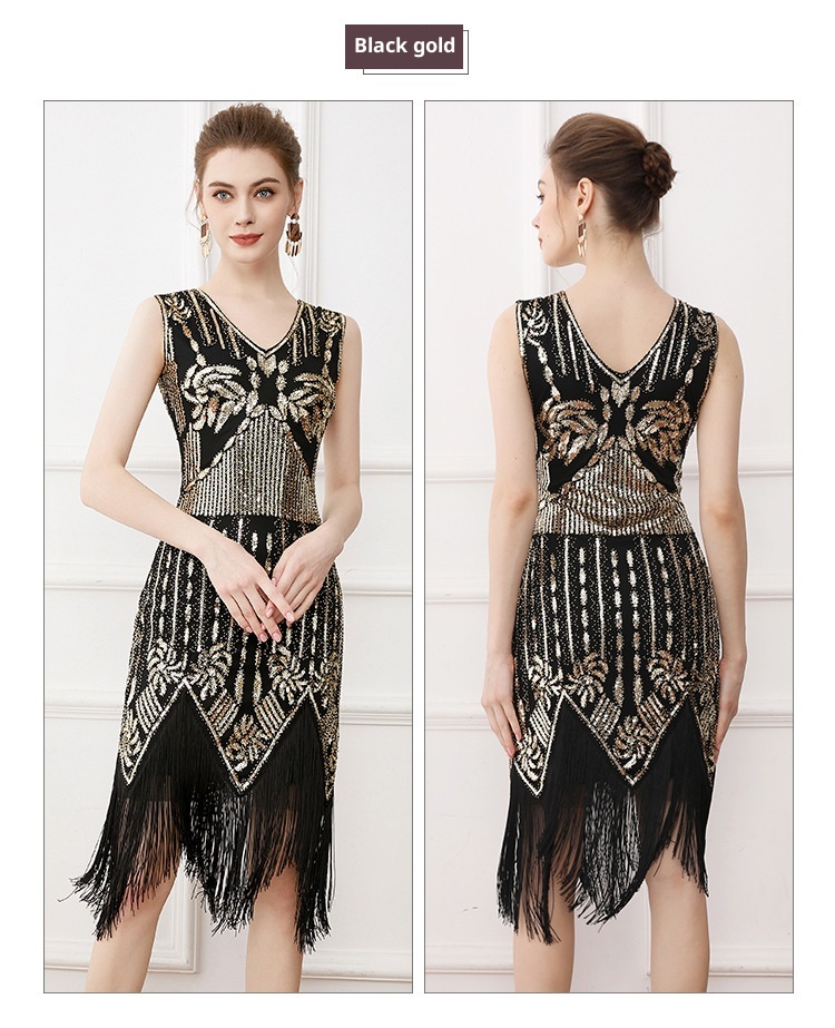 ChicShe European And American Retro Gatsby Ball Gown V-neck Sequin Beaded Embroidery Tassel Vest Plus Size Dress_voghion.com