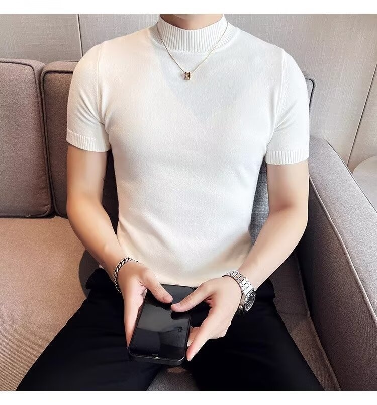 boy Boy Boy Autumn Winter Knit Short Turtleneck Slim Fit Inner Sweater Men's Half Sleeve Base Shirt Solid Color Warm Top_voghion.com