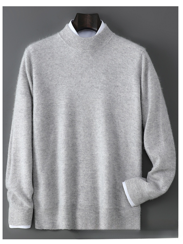 boy Boy Boy Autumn Winter New 100% Pure Wool Men's Half Turtleneck Knitted Pullover Casual Loose Base Cashmere Sweater_voghion.com