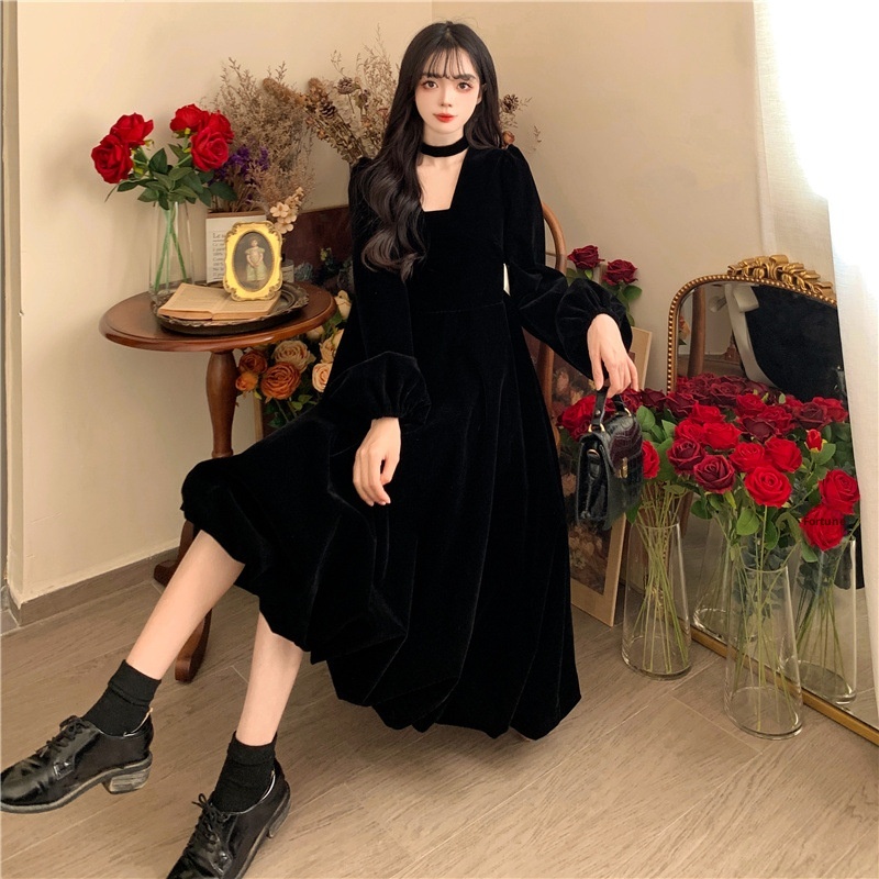 ChicShe 2023 Autumn Winter Plus Size Hepburn Versatile Waist-Tie Bow French High-End Velvet Slimming Dress_voghion.com