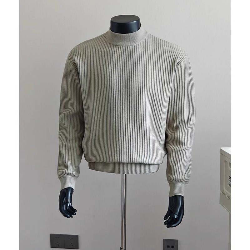 boy Boy Boy White Ribbed Half Turtleneck Sweater For Men, Autumn Winter, Lazy High-End Feel, Cleanfit American Style, Regular_voghion.com