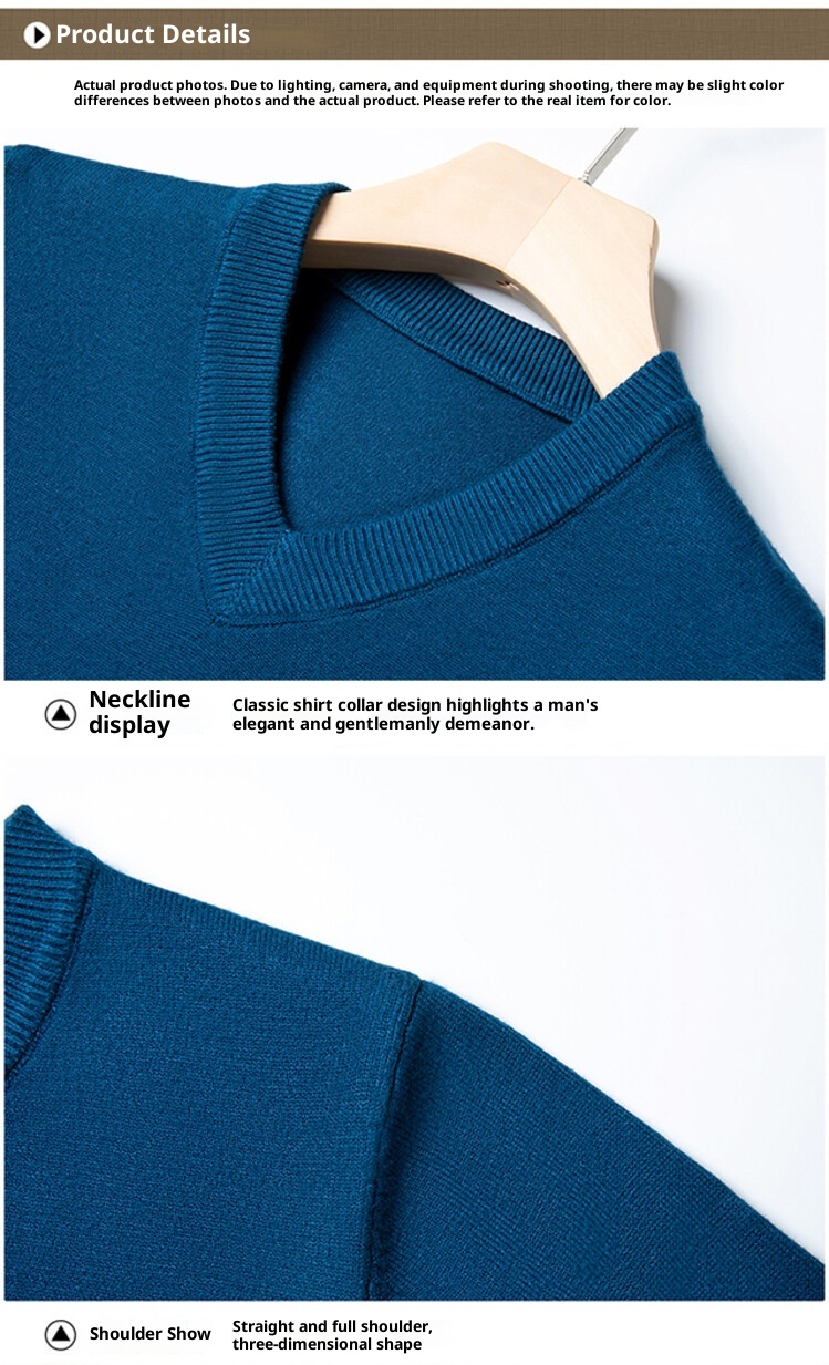 Maglione da uomo in maglia con scollo a V, 100% lana primaverile e autunnale, per la mezza età, caldo e comodo_voghion.com