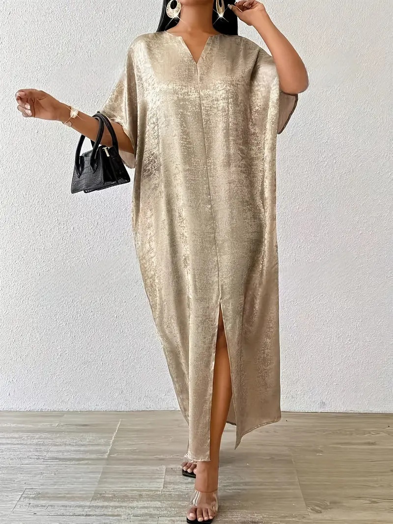 ChicShe Elegant Gold V-Neck Split Long Robe Dress High Waist Fashionable Temperament Plus Size Women's Clothing_voghion.com