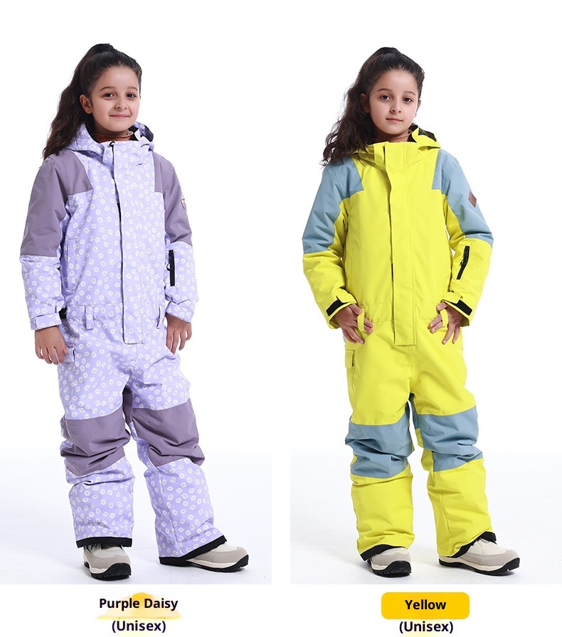 001 New Children's Ski One-Piece Girls' Set Color Block Waterproof Windproof Warm Single And Double Board Suit Snow Pants_voghion.com