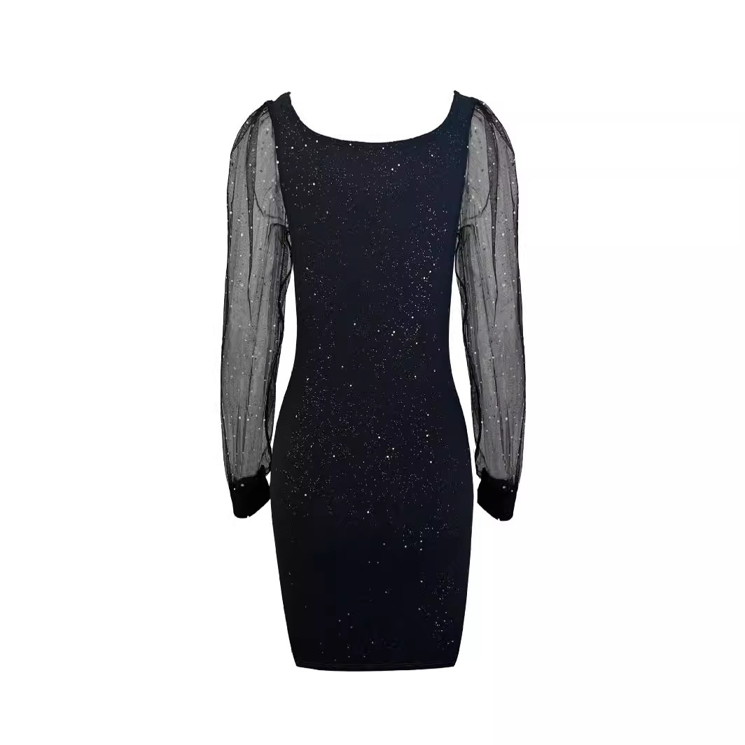 ChicShe 2025 Cross-Border New Elegant And Sexy V-Neck Mesh Sleeve Evening Gold Embellished Bodycon Women's Dress_voghion.com