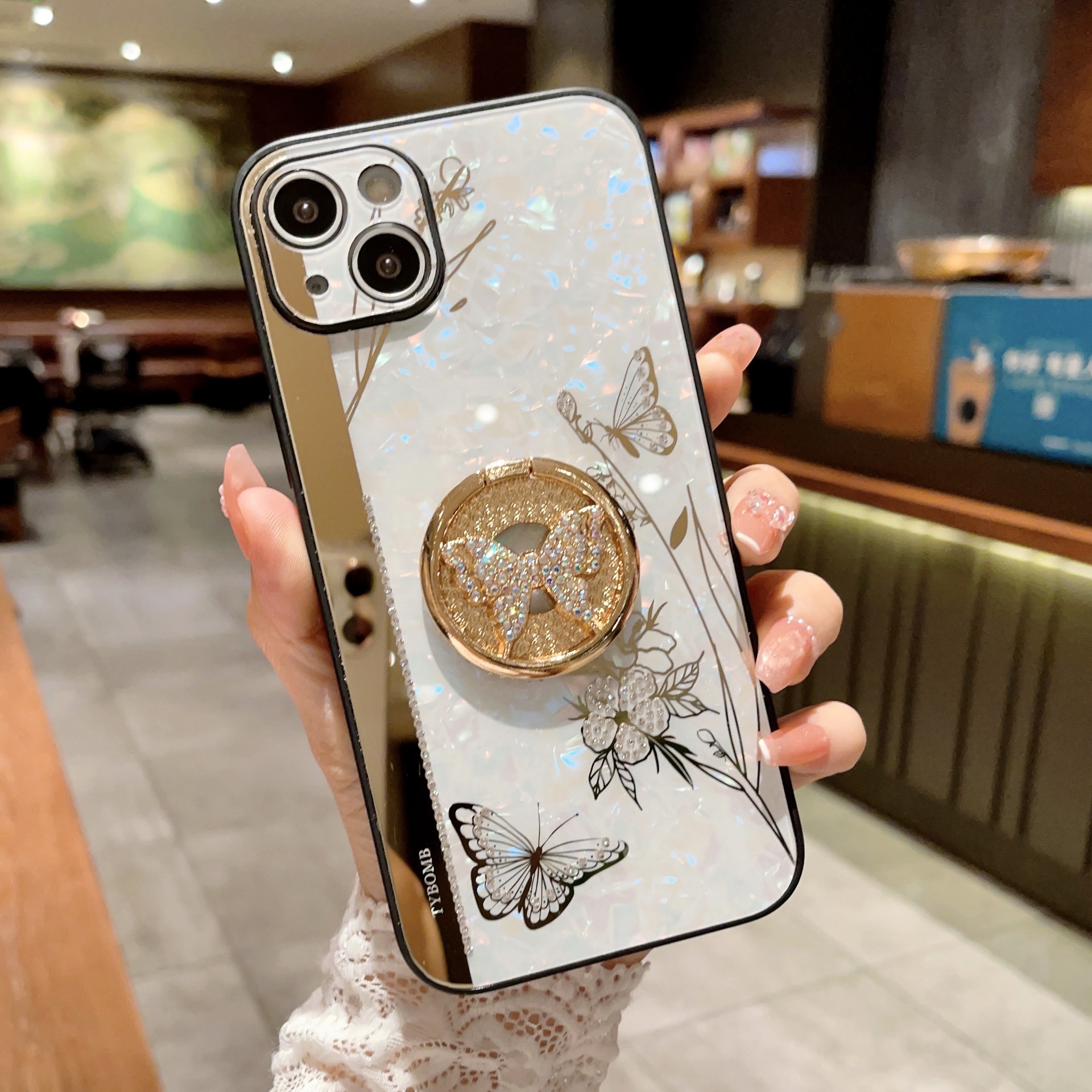 TechGlobe Compatible With 17 Phone Love Flower Inlaid Diamond Butterfly Stand IPhone 16 Pro Full Coverage Soft Edge_voghion.com