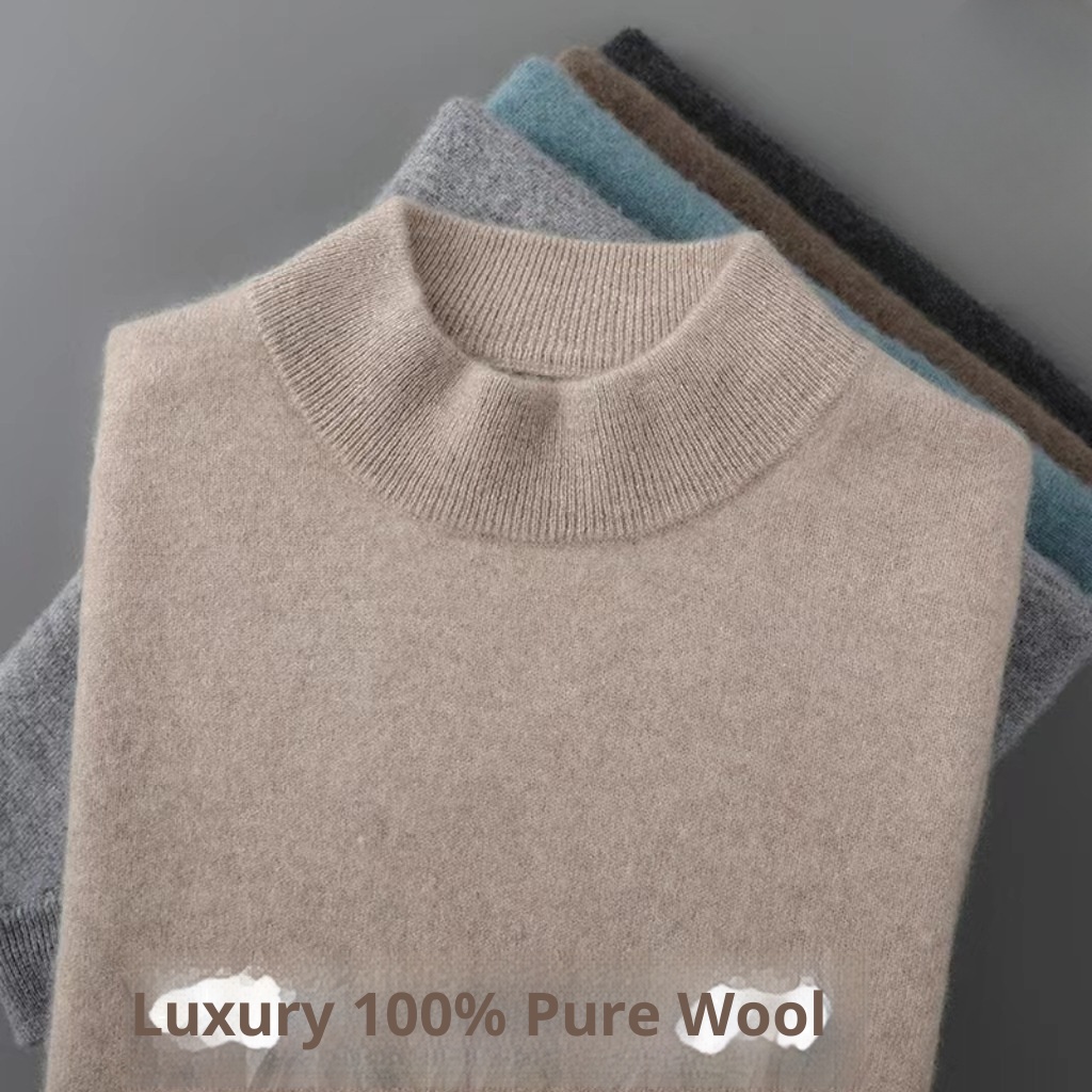 boy Boy Boy Autumn Winter New 100% Pure Wool Men's Half Turtleneck Knitted Pullover Casual Loose Base Cashmere Sweater_voghion.com