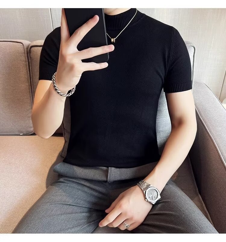boy Boy Boy Autumn Winter Knit Short Turtleneck Slim Fit Inner Sweater Men's Half Sleeve Base Shirt Solid Color Warm Top_voghion.com