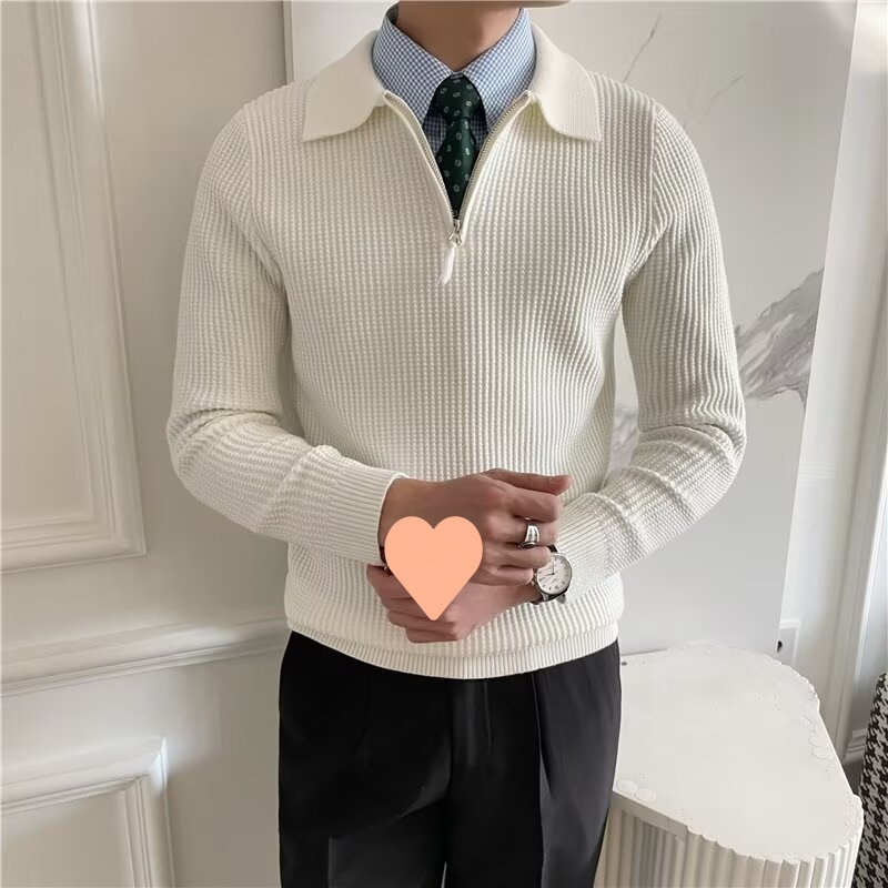Maglione da uomo in stile britannico, a maniche lunghe, con mezza zip e colletto polo, in tessuto a nido d'ape, vestibilità slim, tinta unita_voghion.com