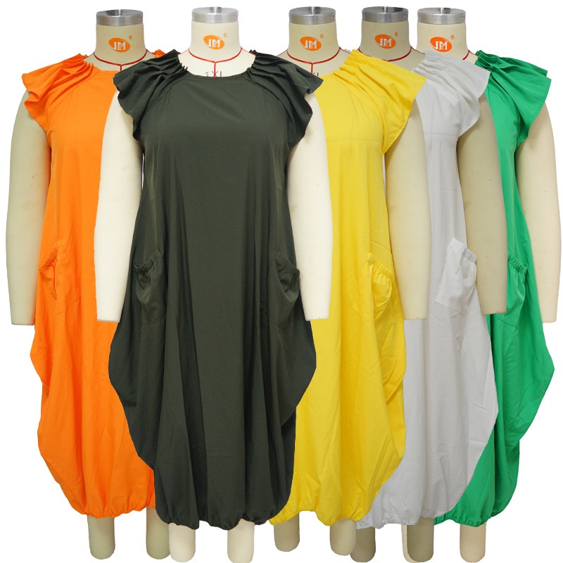 ChicShe N7834 Cross-Border Source European And American Fashion Plus Size Women's Solid Color Double Pocket Loose Dress_voghion.com