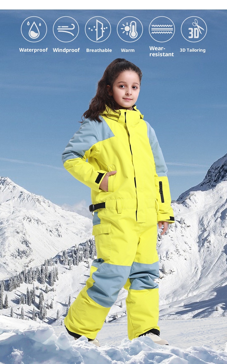 001 New Children's Ski One-Piece Girls' Set Color Block Waterproof Windproof Warm Single And Double Board Suit Snow Pants_voghion.com