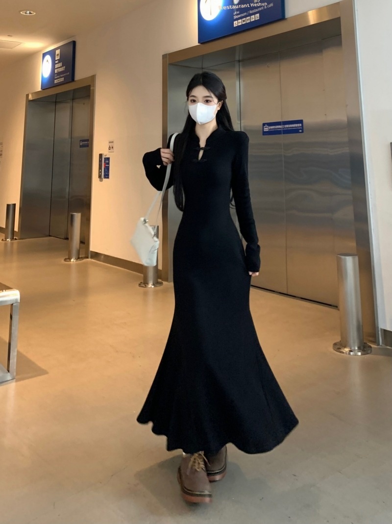 ChicShe 2025 New Chinese Style Improved Cheongsam Bodycon Long For Women Autumn Winter Plus Size Waist-Cinching Base Mermaid_voghion.com