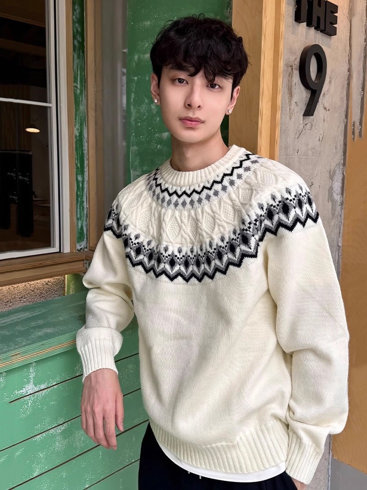 Maglione lavorato a maglia Fair Isle a trecce per uomo, maglia autunnale morbida e comoda, con strato interno Cleanfit_voghion.com