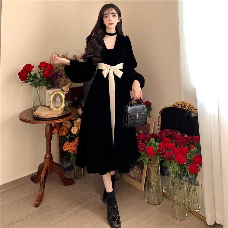 ChicShe 2023 Autumn Winter Plus Size Hepburn Versatile Waist-Tie Bow French High-End Velvet Slimming Dress_voghion.com