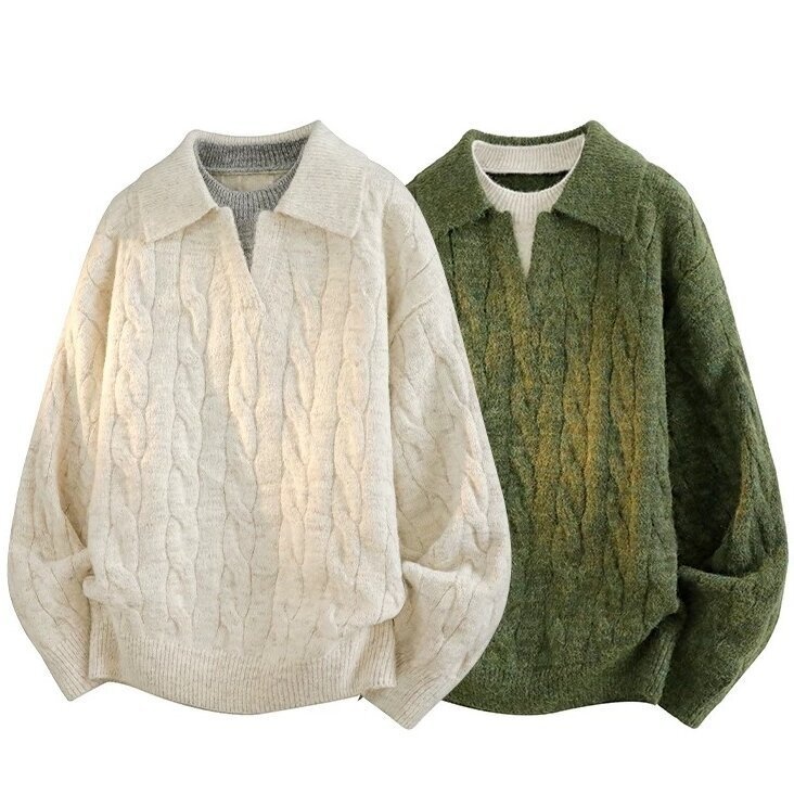 Maglione pullover in maglia a trecce con colletto rovesciato, da uomo, in due pezzi, stile pigro, con scollo a V, per autunno e inverno_voghion.com