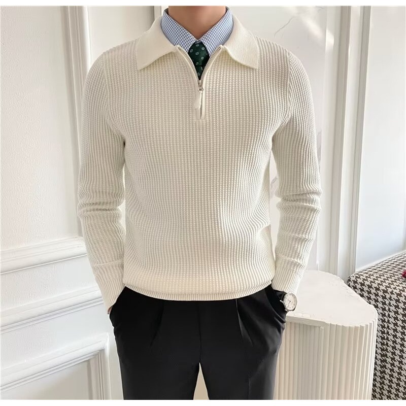 Maglione da uomo in stile britannico, a maniche lunghe, con mezza zip e colletto polo, in tessuto a nido d'ape, vestibilità slim, tinta unita_voghion.com