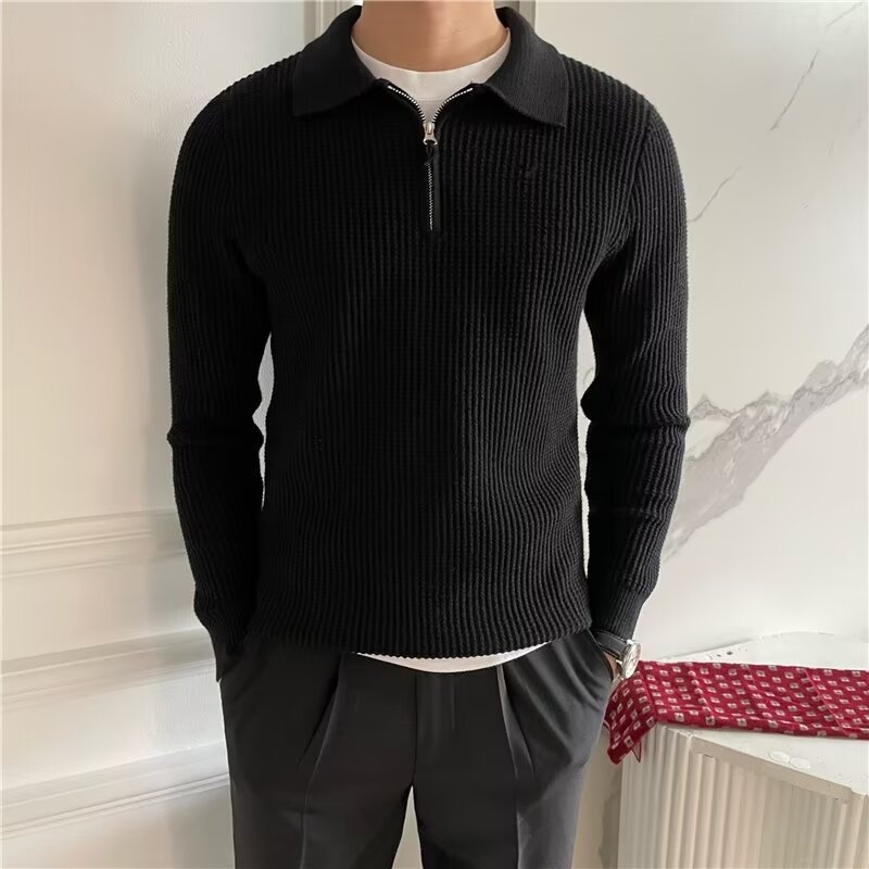 Maglione da uomo in stile britannico, a maniche lunghe, con mezza zip e colletto polo, in tessuto a nido d'ape, vestibilità slim, tinta unita_voghion.com