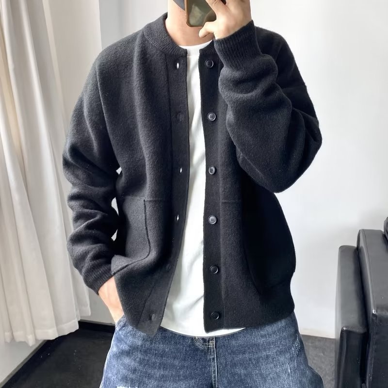 boy Boy Boy Japanese Wool Cardigan Men's Spring And Autumn Hong Kong Style Knitted Round Neck Jacket Simple Loose Thickened Sweater_voghion.com
