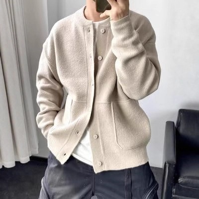 boy Boy Boy Japanese Wool Cardigan Men's Spring And Autumn Hong Kong Style Knitted Round Neck Jacket Simple Loose Thickened Sweater_voghion.com