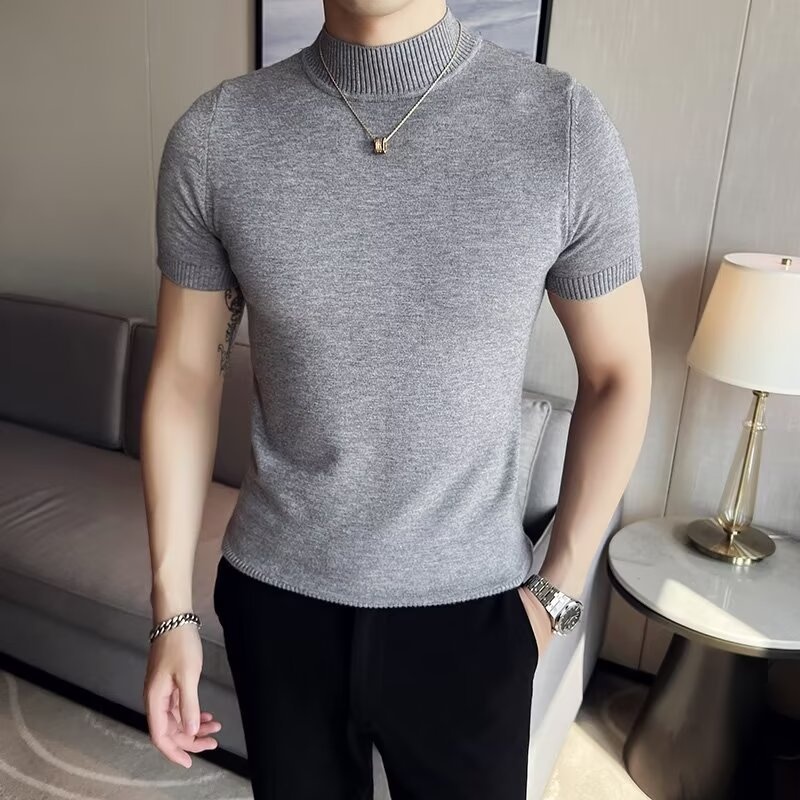 boy Boy Boy Autumn Winter Knit Short Turtleneck Slim Fit Inner Sweater Men's Half Sleeve Base Shirt Solid Color Warm Top_voghion.com