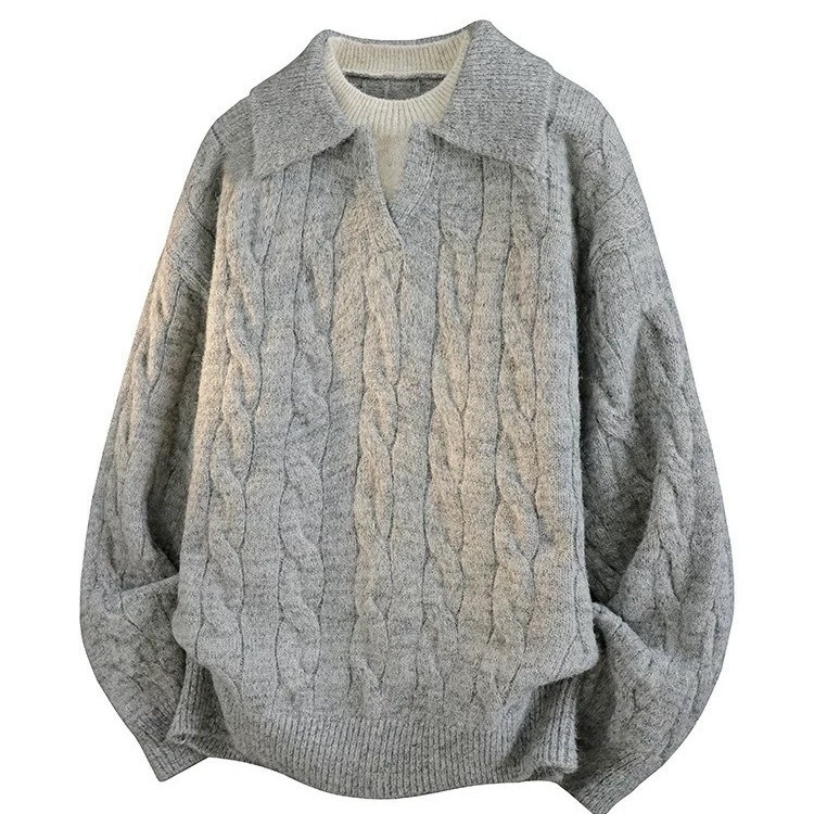 Maglione pullover in maglia a trecce con colletto rovesciato, da uomo, in due pezzi, stile pigro, con scollo a V, per autunno e inverno_voghion.com