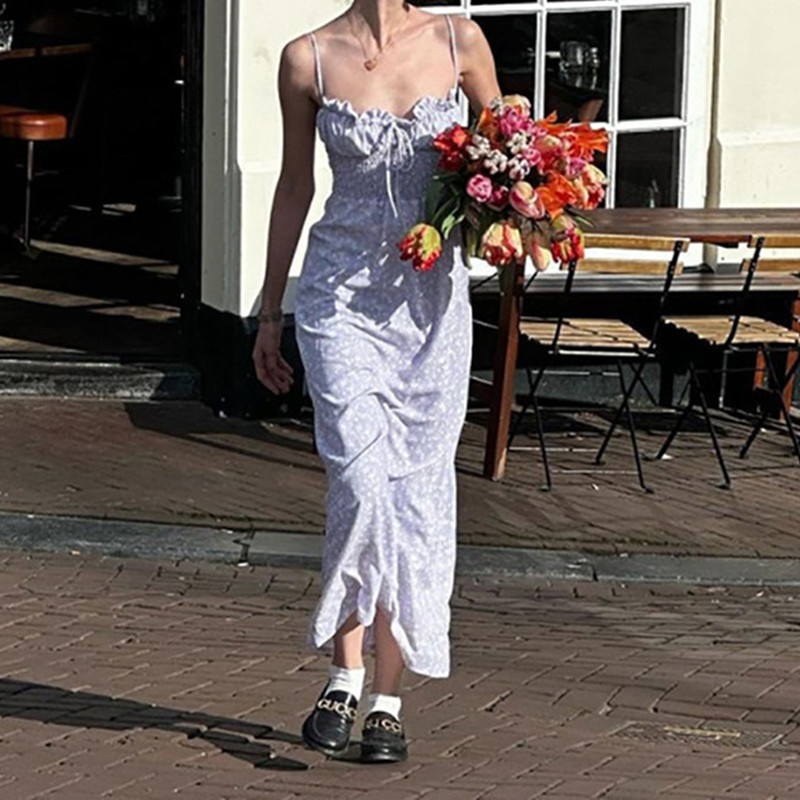 ChicShe Abito lungo estivo da donna con spalline floreali e volant alla francese, stile fresco e dolce_voghion.com