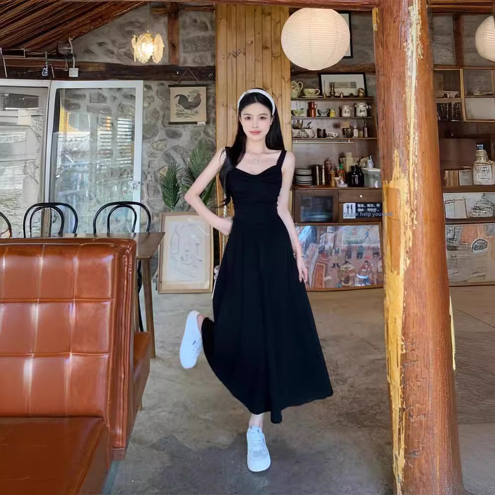 ChicShe Damen Plus Size Schwarzes Trägerkleid Sommer 2024 Fat MM Französisches Retro-Kleid in Midi-Länge mit taillierter Passform_voghion.com