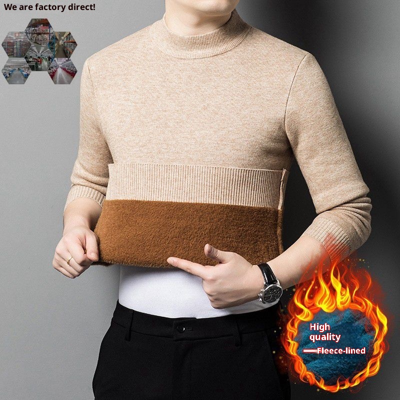 boy Boy Boy Wholesale Winter Fleece-Lined Thickened Men's Knitted Half Turtleneck Wool Sweater Dad's Outfit_voghion.com