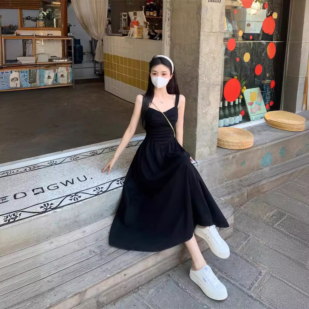 ChicShe Damen Plus Size Schwarzes Trägerkleid Sommer 2024 Fat MM Französisches Retro-Kleid in Midi-Länge mit taillierter Passform_voghion.com