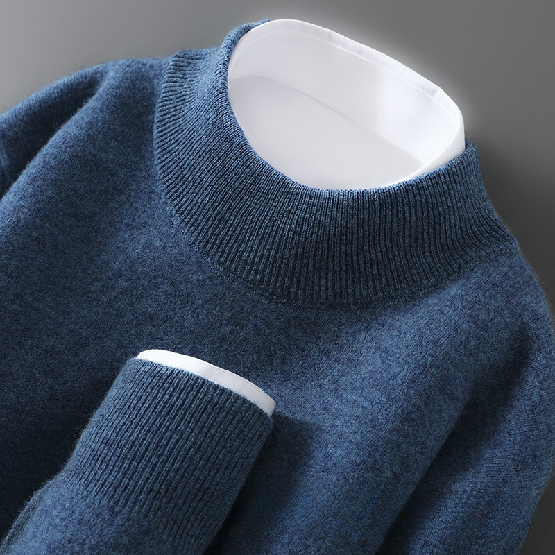 boy Boy Boy Autumn Winter New 100% Pure Wool Men's Half Turtleneck Knitted Pullover Casual Loose Base Cashmere Sweater_voghion.com