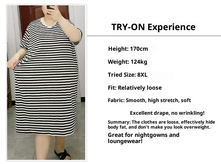 ChicShe Plus Size 100kg 150kg Fat M Estate A Righe Largo Manica Corta Abito Lavorato a Maglia di Media Lunghezza Camicia da Notte Loungewear_voghion.com