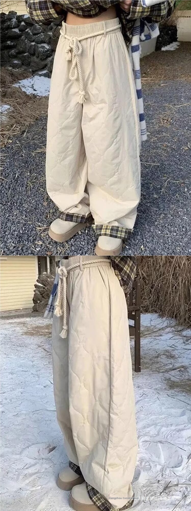 Pantalones de esquí holgados de algodón estilo americano, estilo informal, con cintura elástica, bloques de color, resistentes al viento y pernera ancha, para otoño e invierno._voghion.com