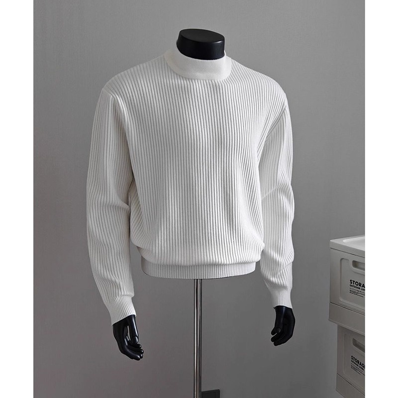 boy Boy Boy White Ribbed Half Turtleneck Sweater For Men, Autumn Winter, Lazy High-End Feel, Cleanfit American Style, Regular_voghion.com