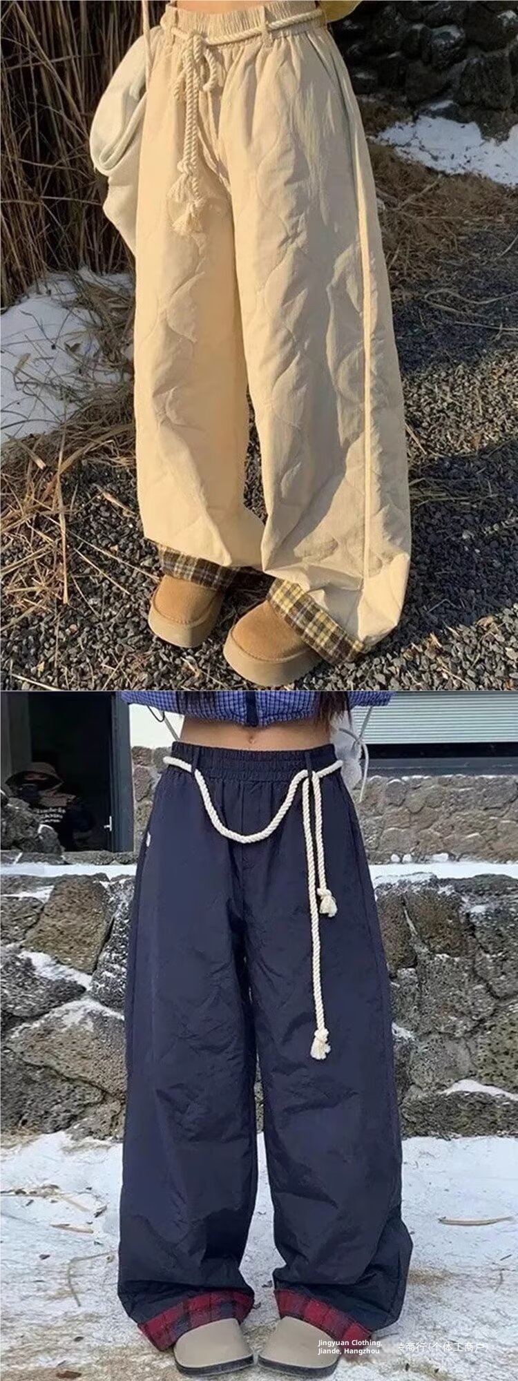 Pantalones de esquí holgados de algodón estilo americano, estilo informal, con cintura elástica, bloques de color, resistentes al viento y pernera ancha, para otoño e invierno._voghion.com