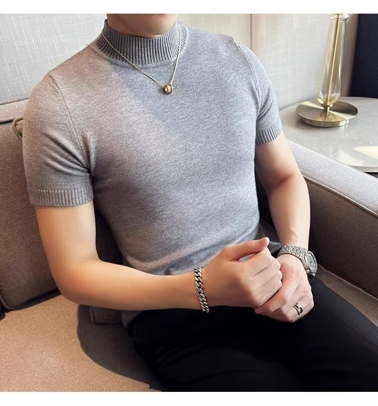 boy Boy Boy Autumn Winter Knit Short Turtleneck Slim Fit Inner Sweater Men's Half Sleeve Base Shirt Solid Color Warm Top_voghion.com