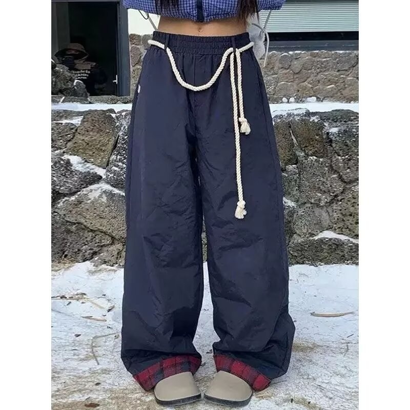 Pantalones de esquí holgados de algodón estilo americano, estilo informal, con cintura elástica, bloques de color, resistentes al viento y pernera ancha, para otoño e invierno._voghion.com
