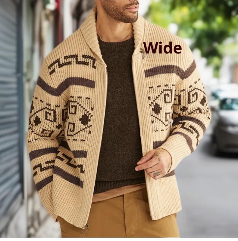 Herrenmode Herbst und Winter: Lässige Strickjacke mit Umlegekragen, langen Ärmeln und schmaler Passform, Jacquard-Strickmuster_voghion.com