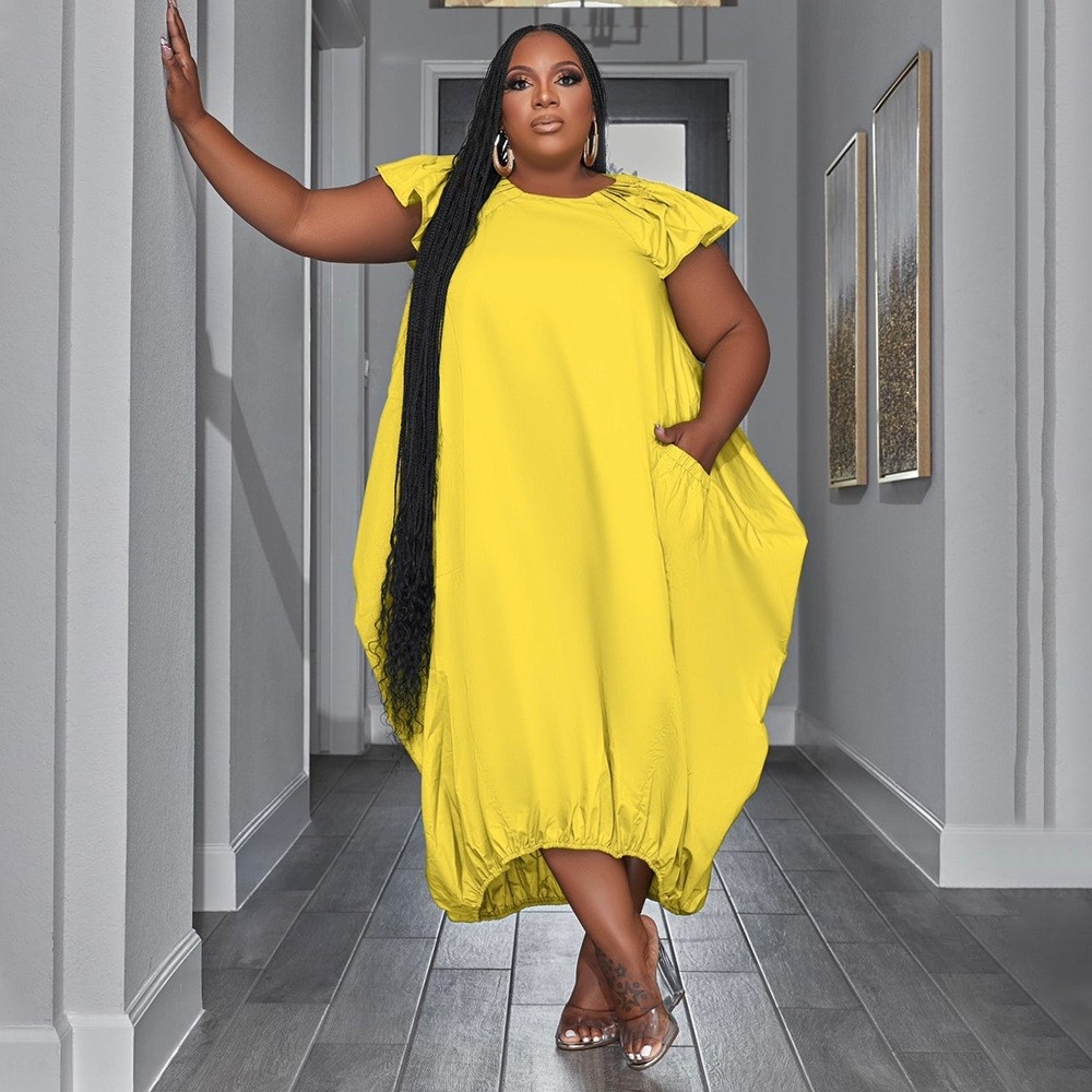 ChicShe N7834 Cross-Border Source European And American Fashion Plus Size Women's Solid Color Double Pocket Loose Dress_voghion.com