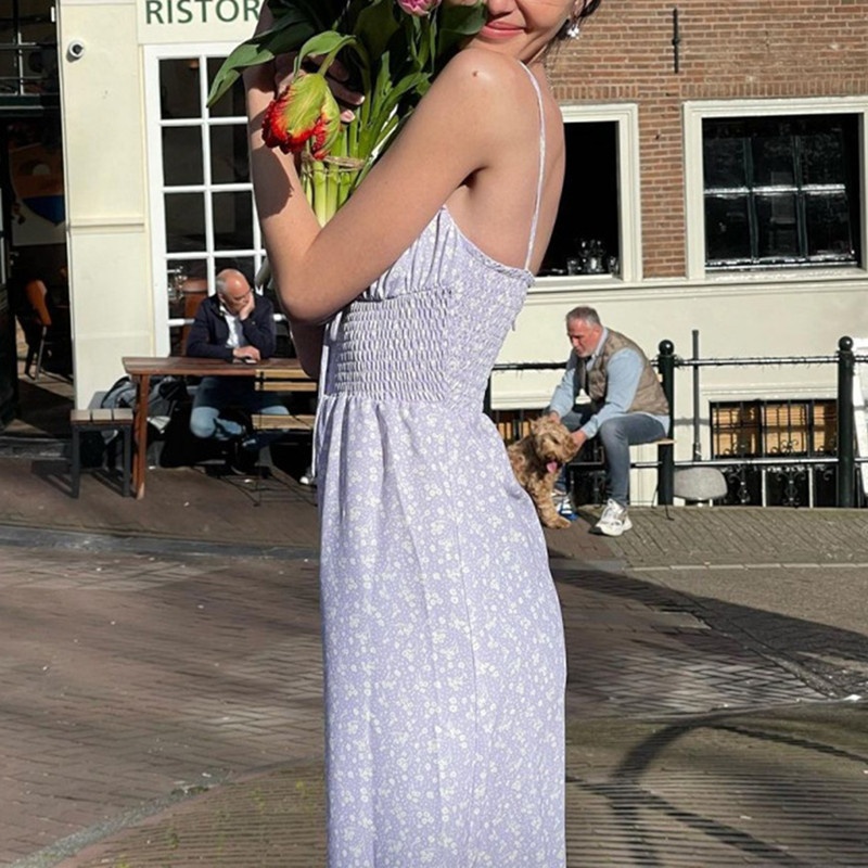 ChicShe Abito lungo estivo da donna con spalline floreali e volant alla francese, stile fresco e dolce_voghion.com