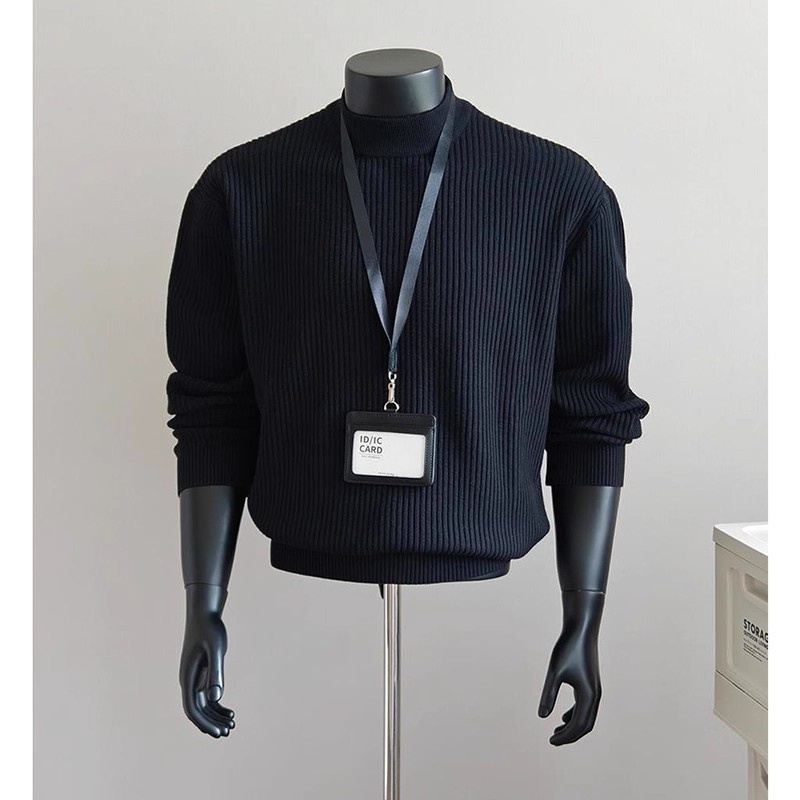 boy Boy Boy White Ribbed Half Turtleneck Sweater For Men, Autumn Winter, Lazy High-End Feel, Cleanfit American Style, Regular_voghion.com