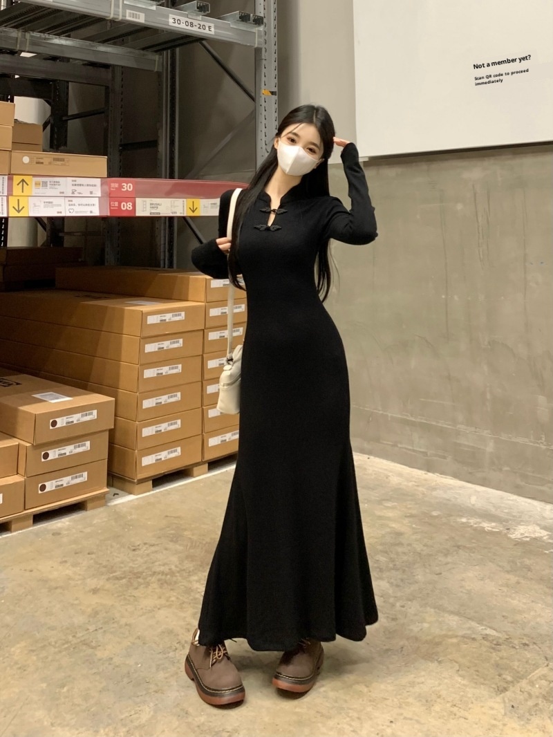 ChicShe 2025 New Chinese Style Improved Cheongsam Bodycon Long For Women Autumn Winter Plus Size Waist-Cinching Base Mermaid_voghion.com