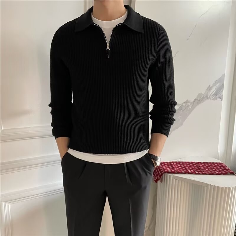 Maglione da uomo in stile britannico, a maniche lunghe, con mezza zip e colletto polo, in tessuto a nido d'ape, vestibilità slim, tinta unita_voghion.com