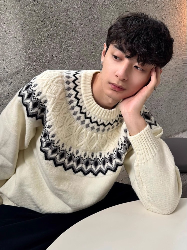 Maglione lavorato a maglia Fair Isle a trecce per uomo, maglia autunnale morbida e comoda, con strato interno Cleanfit_voghion.com