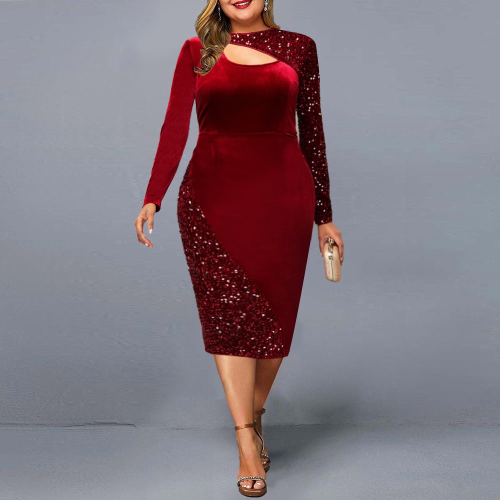 ChicShe 2024 New Sequin Patchwork Velvet Irregular Plus Women's Dress Extra Large Size_voghion.com