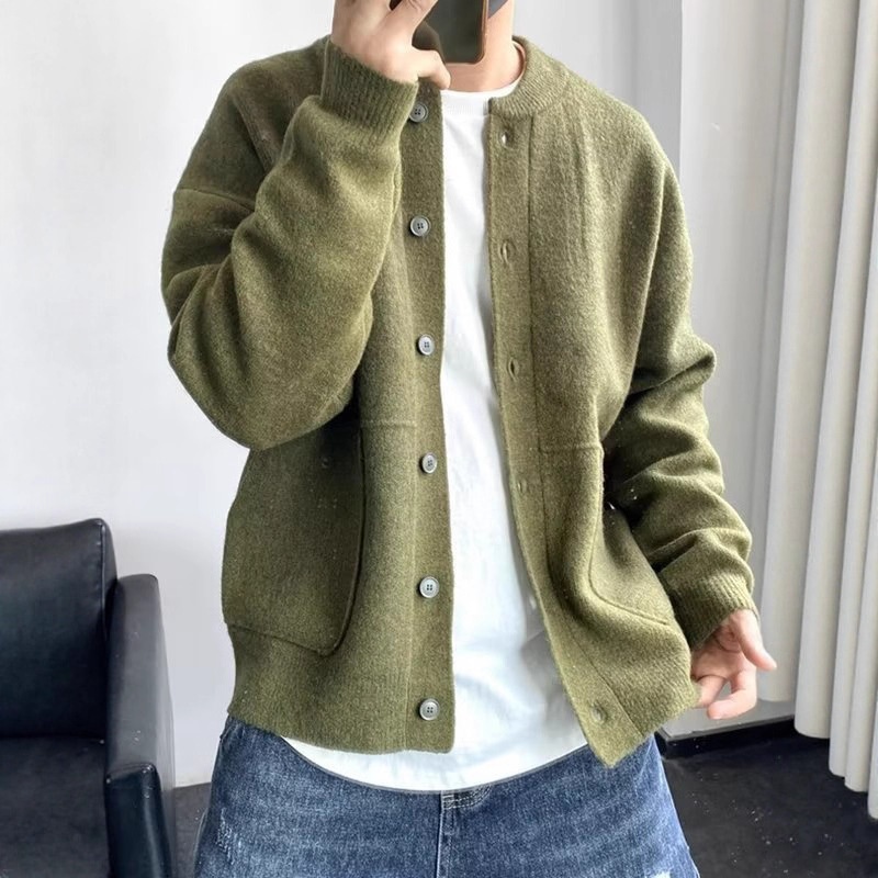 boy Boy Boy Japanese Wool Cardigan Men's Spring And Autumn Hong Kong Style Knitted Round Neck Jacket Simple Loose Thickened Sweater_voghion.com