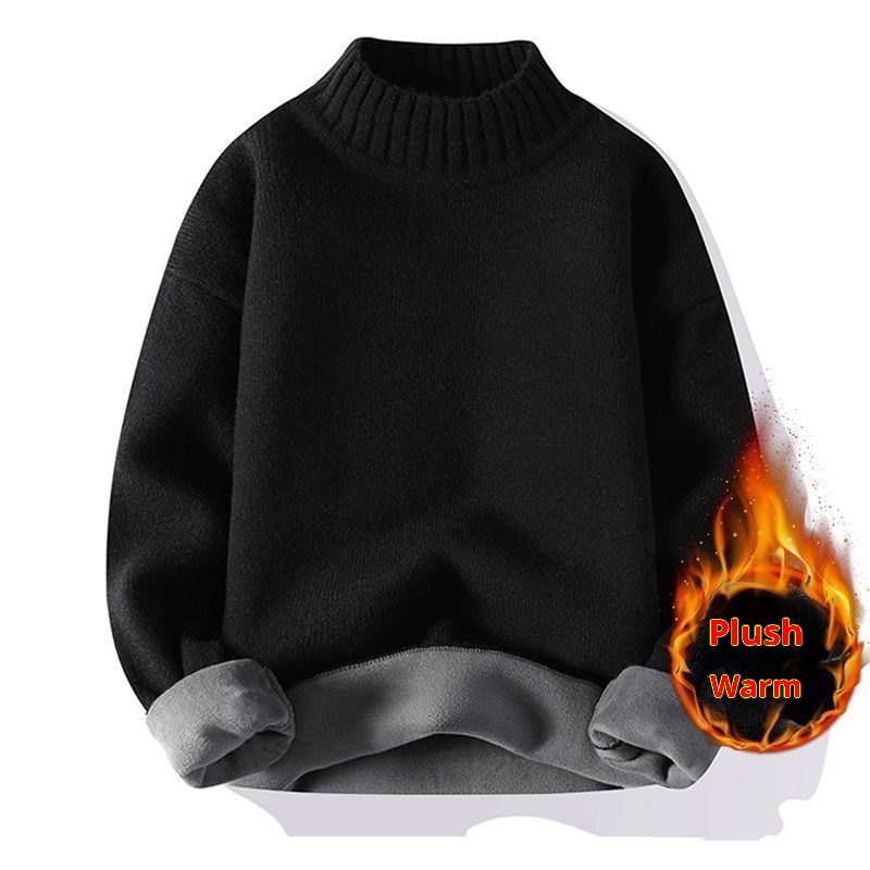 boy Boy Boy Half Turtleneck Sweater For Men, Fleece-Lined, Warm, Autumn And Base Layer, Men's Winter Solid Black Knitwear_voghion.com