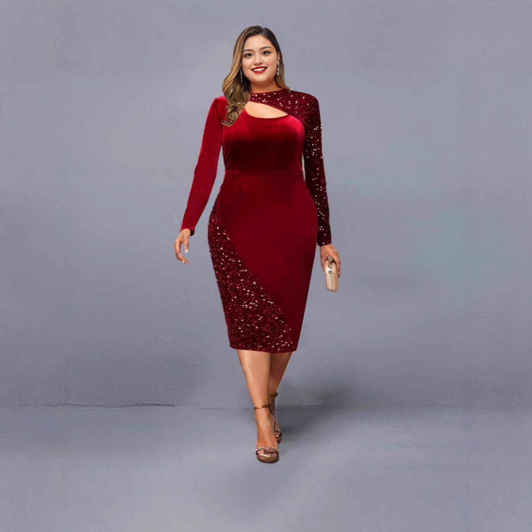 ChicShe 2024 New Sequin Patchwork Velvet Irregular Plus Women's Dress Extra Large Size_voghion.com