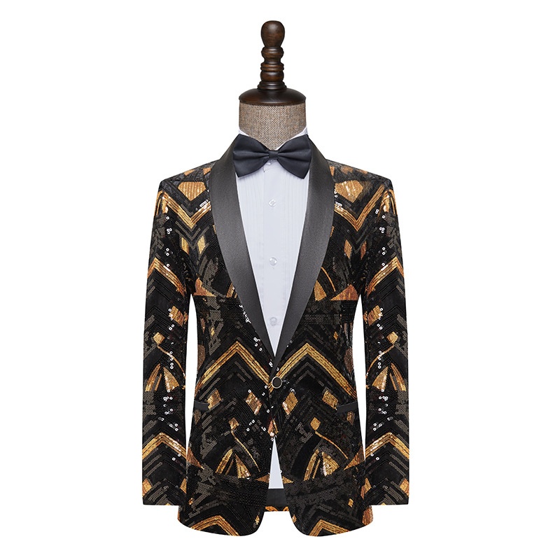 7045555501<2 QFV507045555501<2 Nuovo stile europeo e americano da uomo, blazer con paillettes nere e dorate, costume da esibizione per presentatore di night club, DJ, studio di ripresa_voghion.com